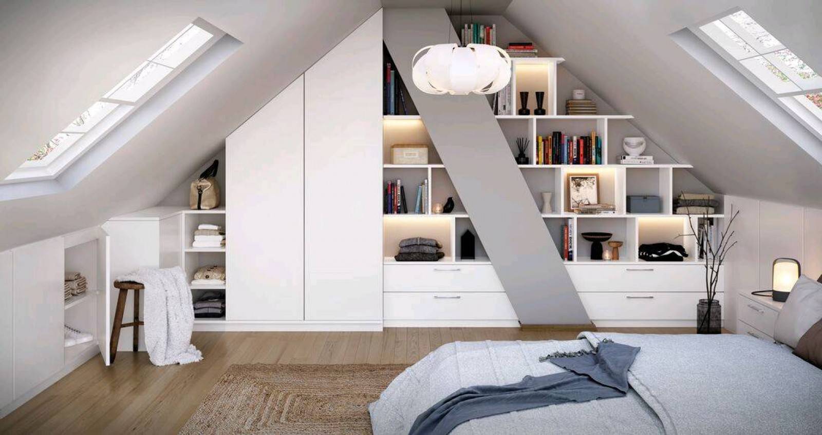 Rangements sous pente et bibliothèque sur mesure