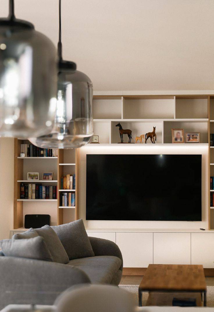 Photo d'un meuble télé avec rangement design fabriqué sur mesure et installé à Caveirac dans le 30